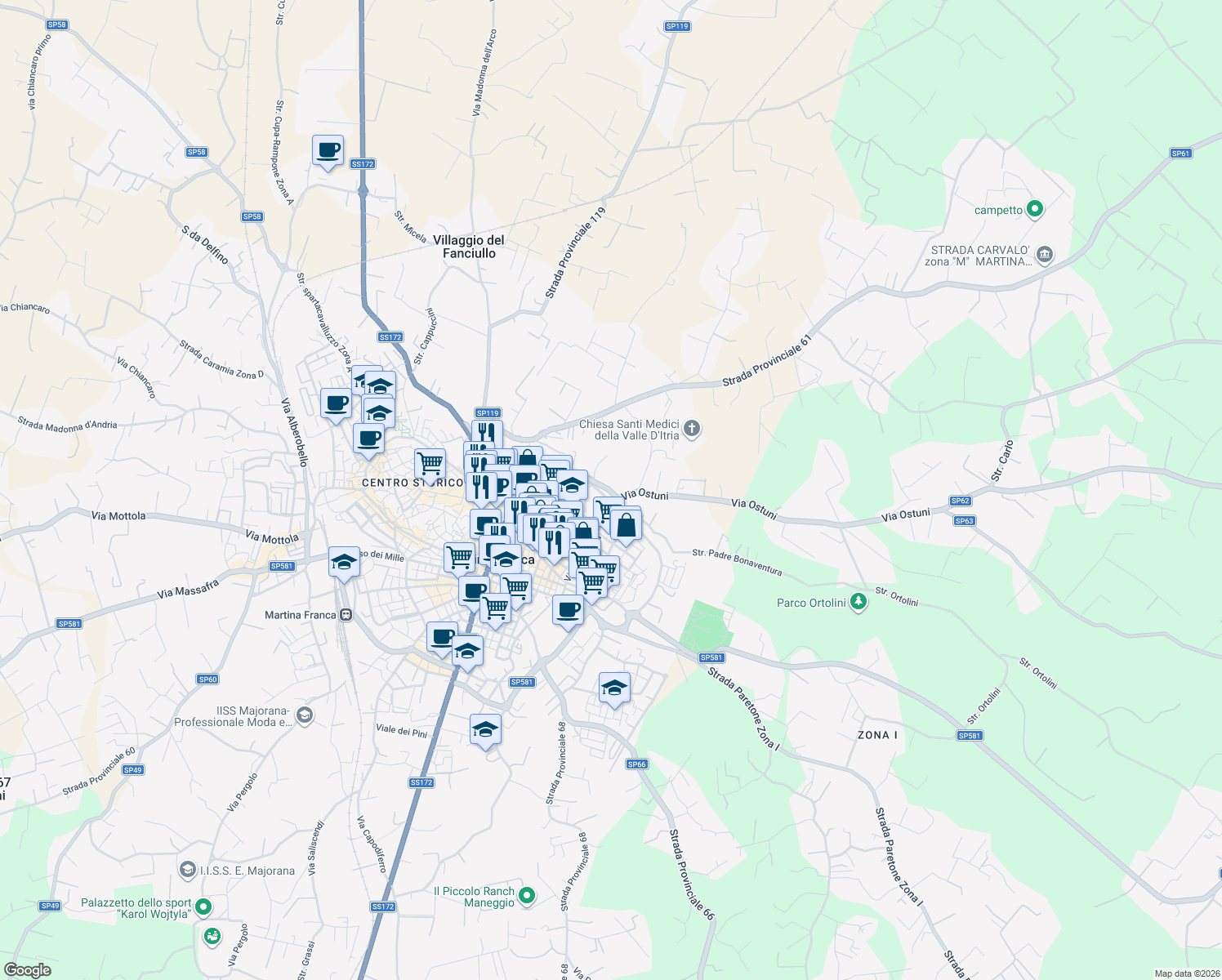 map of restaurants, bars, coffee shops, grocery stores, and more near 3 Via Ostuni in Provincia di Taranto