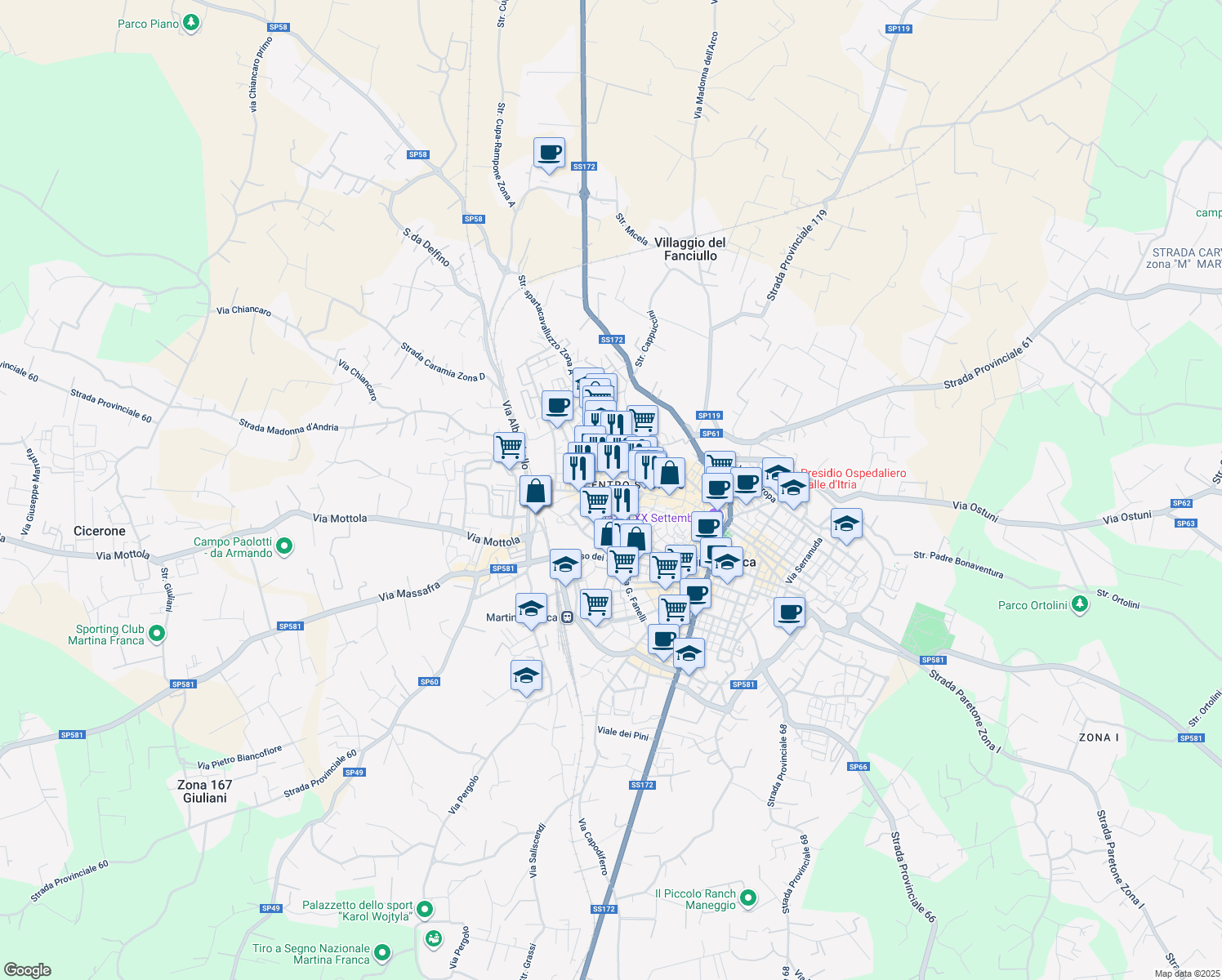 map of restaurants, bars, coffee shops, grocery stores, and more near 17 Via Conte Leopardi in Martina Franca
