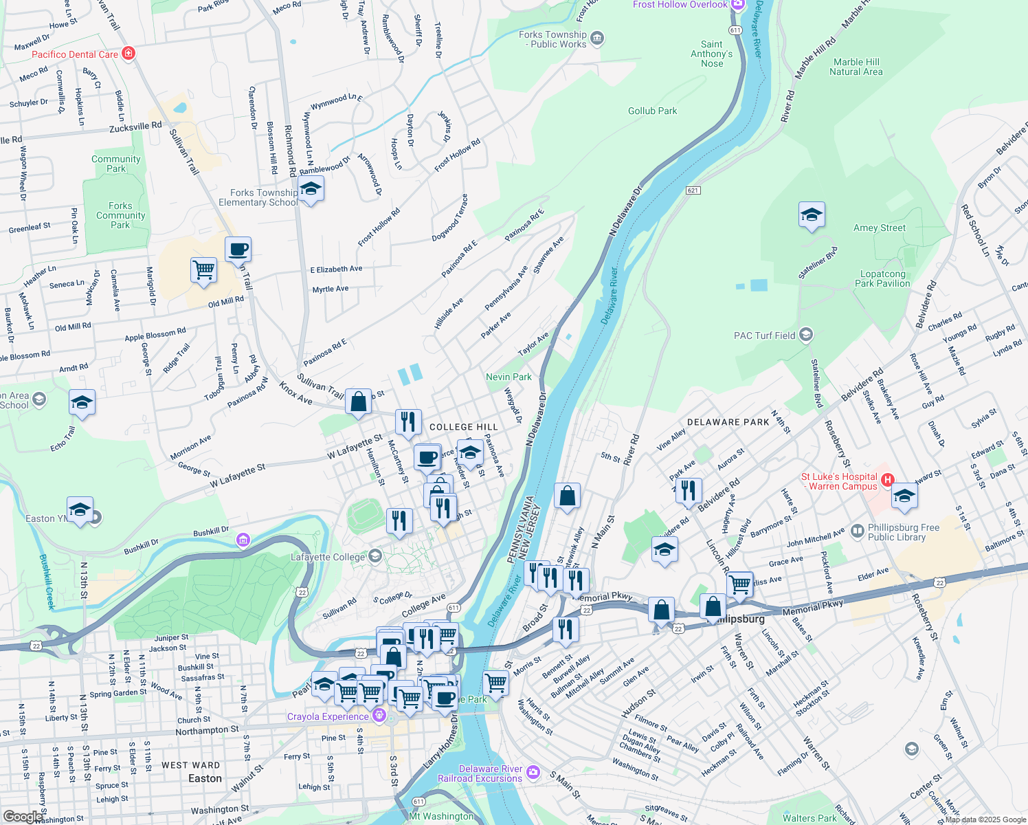 map of restaurants, bars, coffee shops, grocery stores, and more near 630 Weygadt Drive in Easton