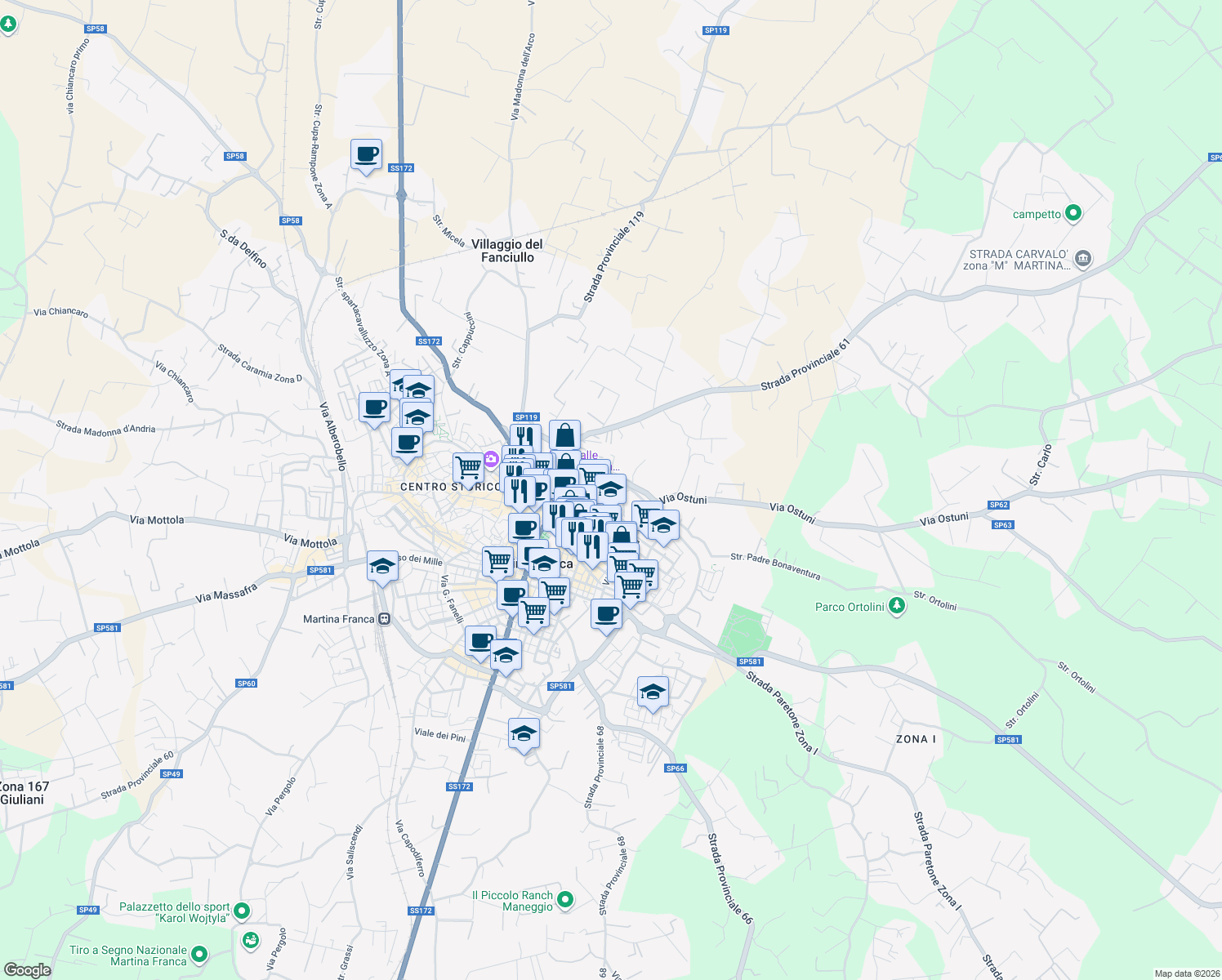 map of restaurants, bars, coffee shops, grocery stores, and more near 10 Circonvallazione in Martina Franca