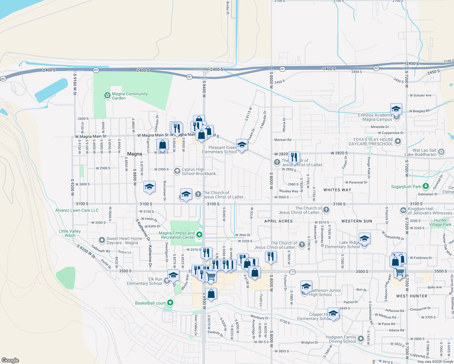 map of restaurants, bars, coffee shops, grocery stores, and more near 2977 South Breeze Drive in Magna