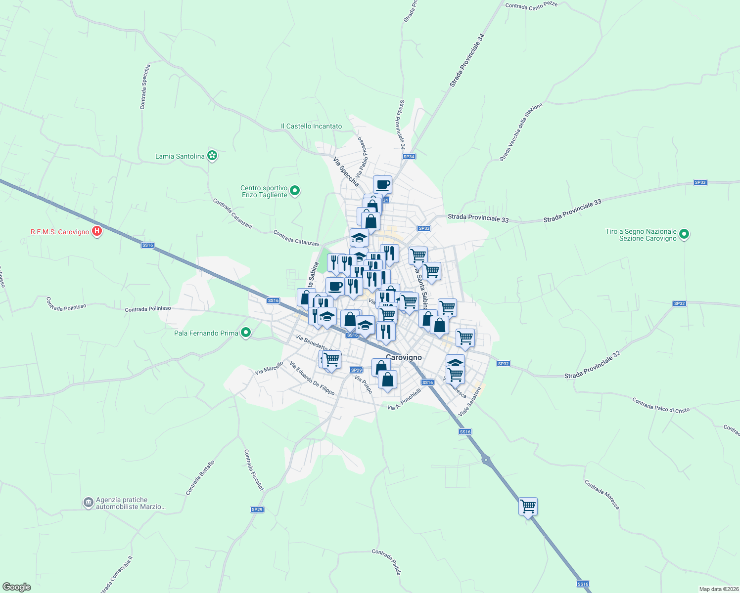 map of restaurants, bars, coffee shops, grocery stores, and more near 28 Corso Vittorio Emanuele in Carovigno