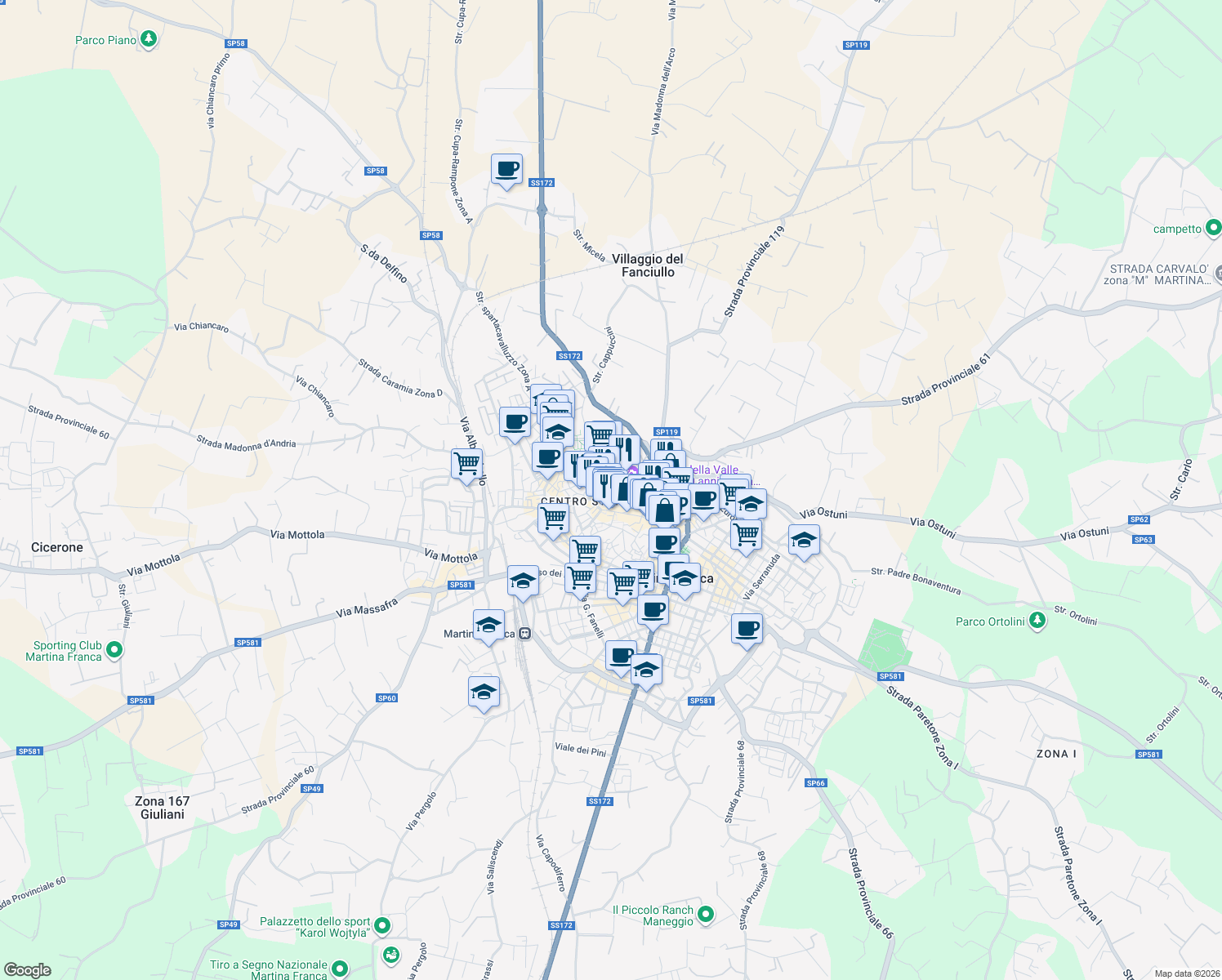map of restaurants, bars, coffee shops, grocery stores, and more near 18 Via Malta in Martina Franca