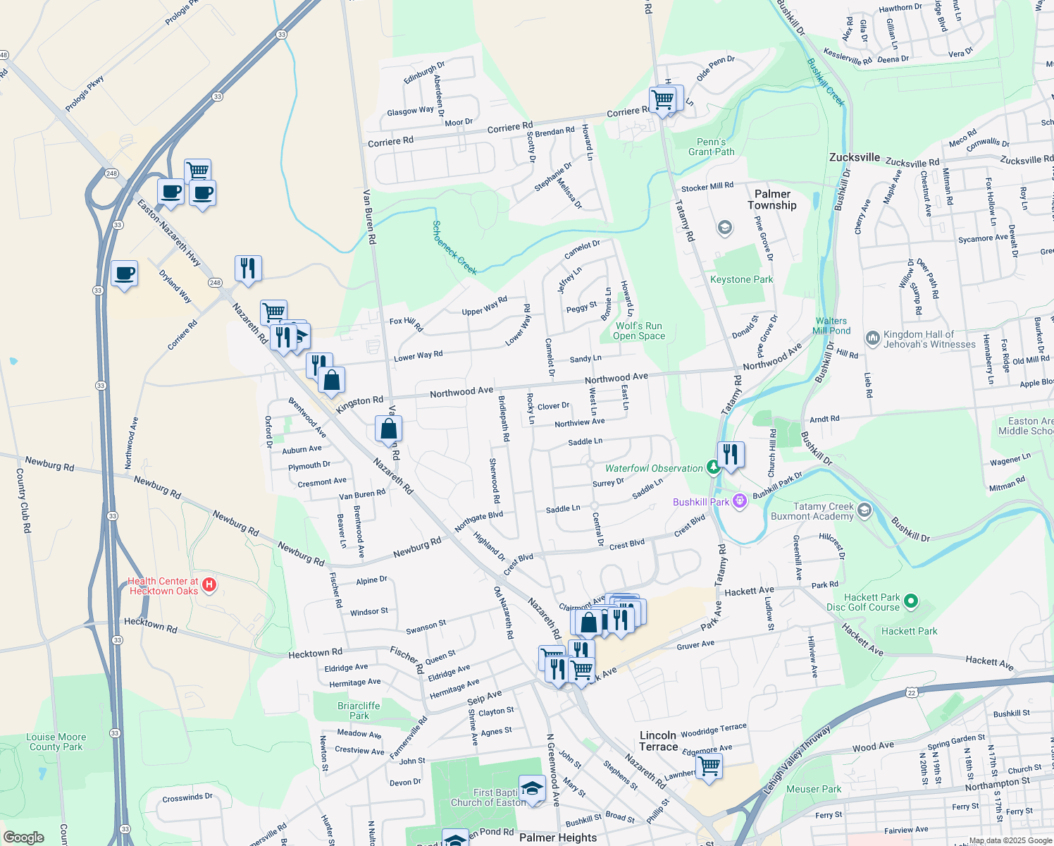 map of restaurants, bars, coffee shops, grocery stores, and more near 3500 Rocky Lane in Easton