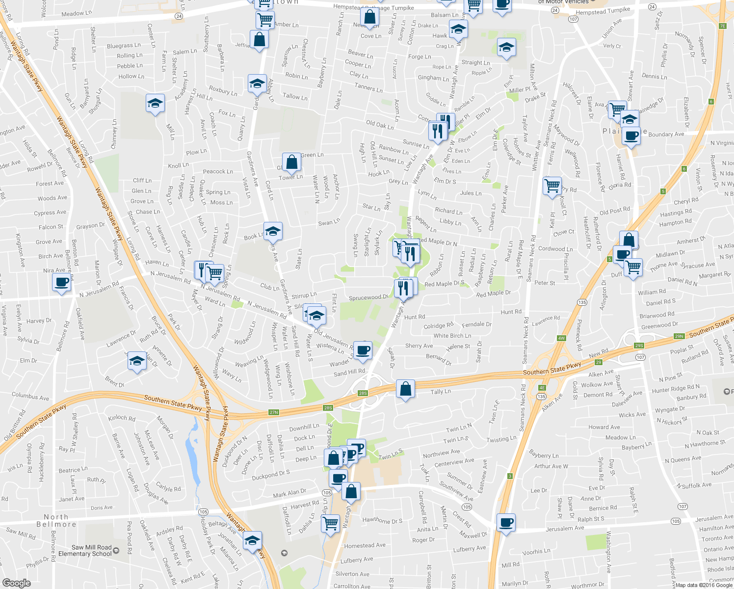 map of restaurants, bars, coffee shops, grocery stores, and more near 245 Sprucewood Drive in Levittown