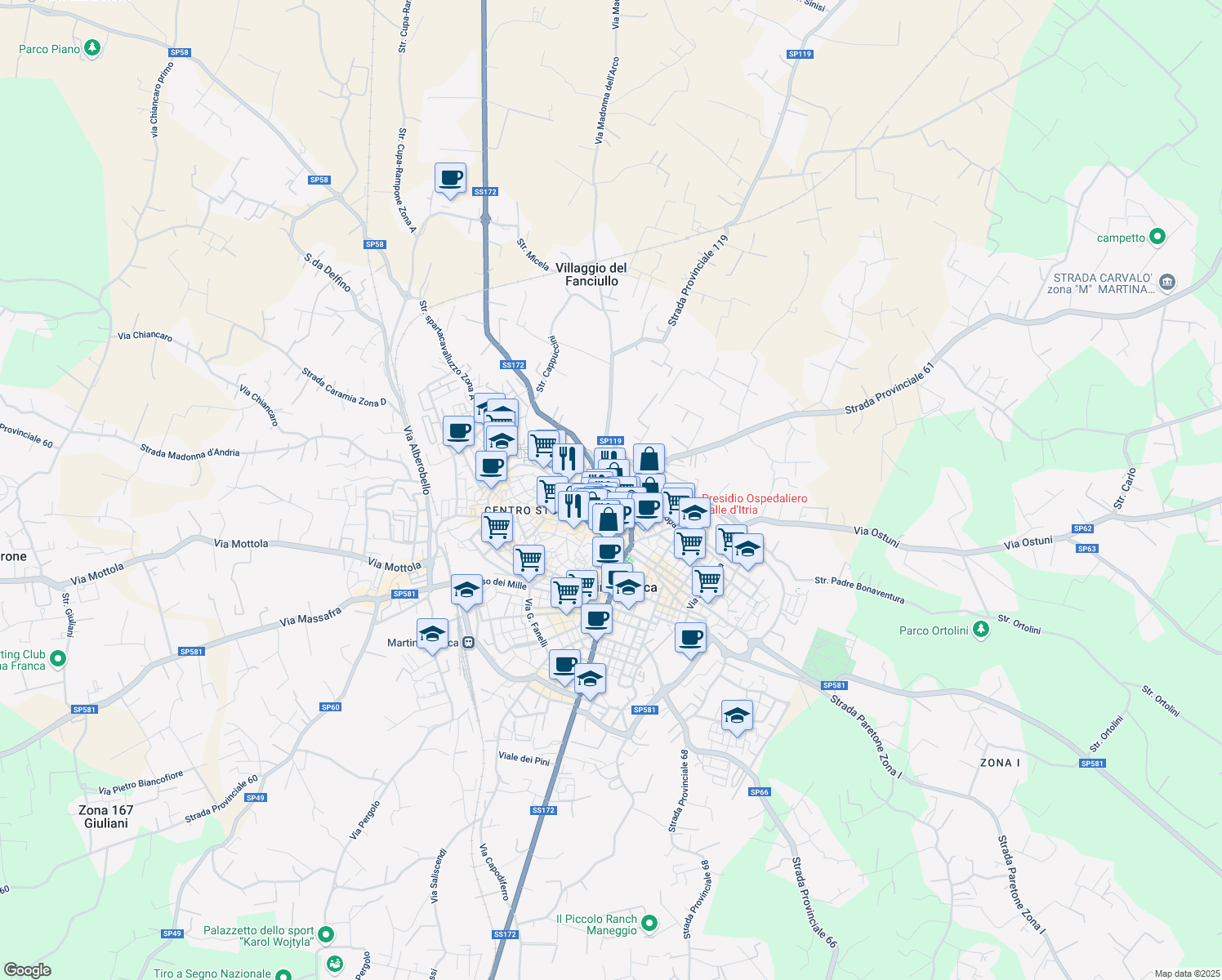 map of restaurants, bars, coffee shops, grocery stores, and more near 98 Via Valle D'Itria in Martina Franca