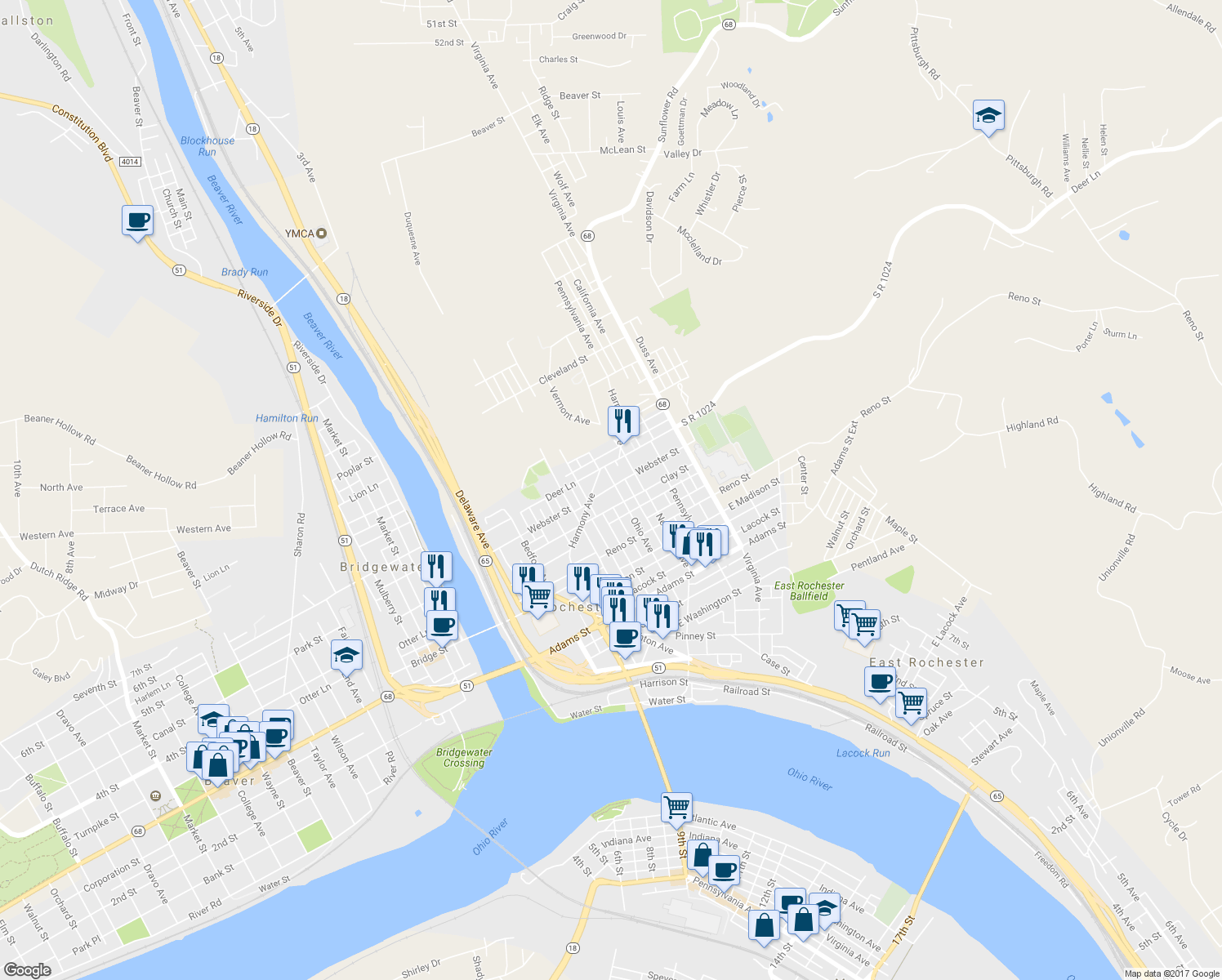 map of restaurants, bars, coffee shops, grocery stores, and more near 462 Ohio Ave in Rochester