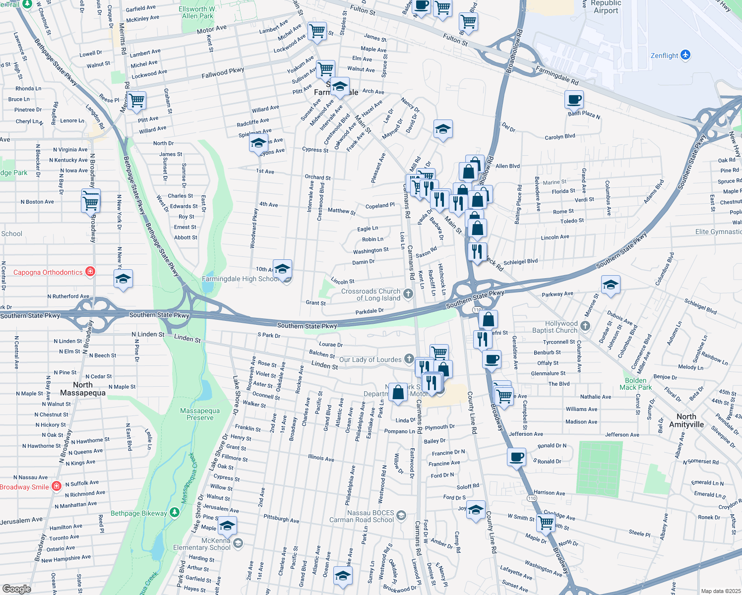 map of restaurants, bars, coffee shops, grocery stores, and more near 25 Grant Street in Farmingdale