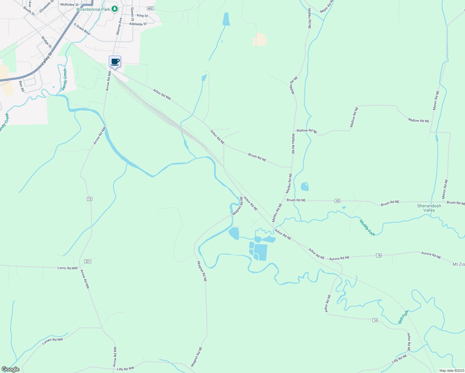map of restaurants, bars, coffee shops, grocery stores, and more near 122 Arbor Rd NE in Minerva