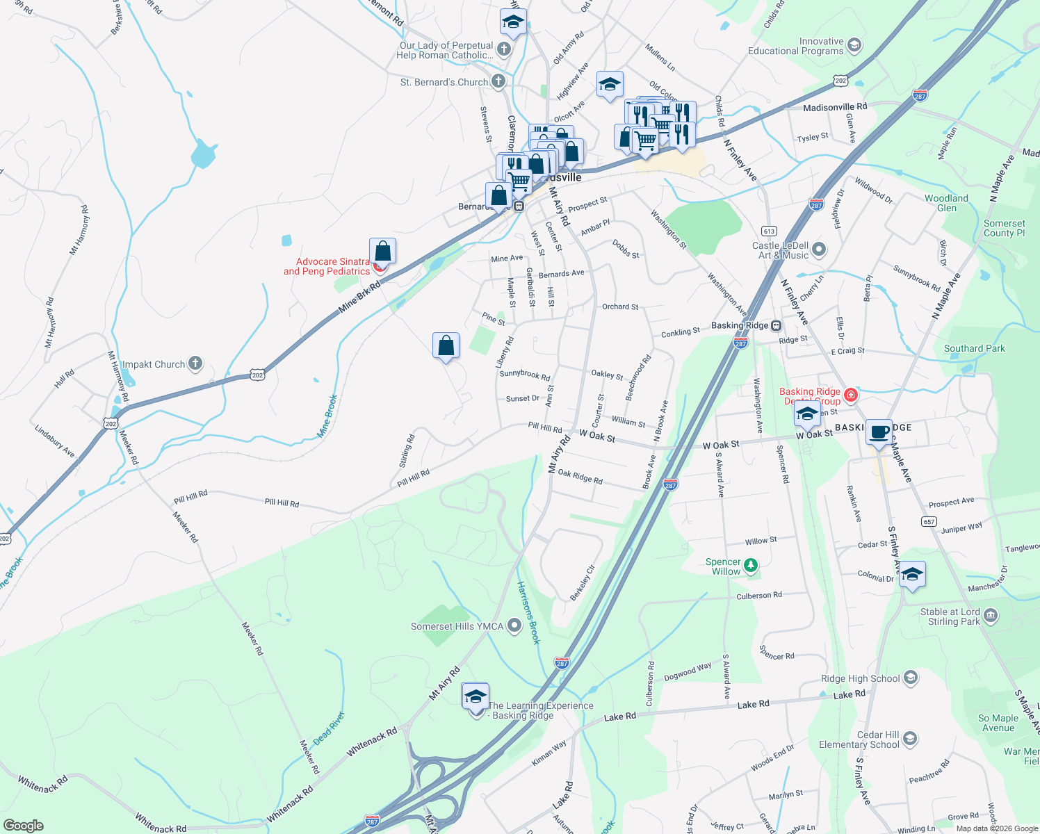 map of restaurants, bars, coffee shops, grocery stores, and more near 37 Pill Hill Rd in Bernardsville