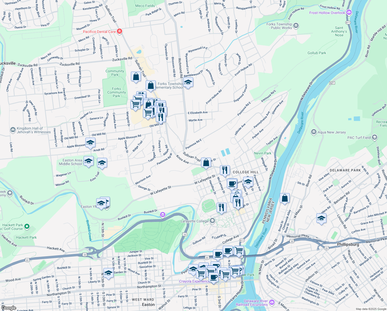 map of restaurants, bars, coffee shops, grocery stores, and more near 1101 Sullivan Trail in Easton