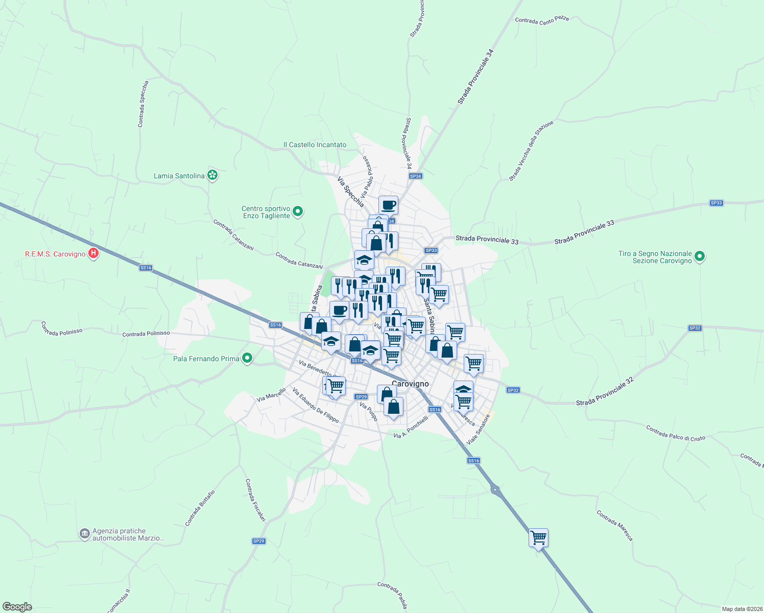 map of restaurants, bars, coffee shops, grocery stores, and more near 28 Corso Vittorio Emanuele in Carovigno