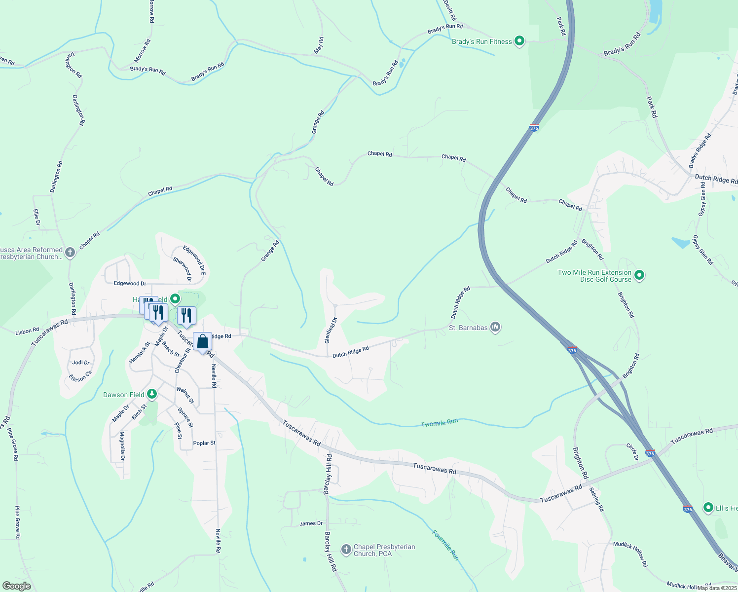 map of restaurants, bars, coffee shops, grocery stores, and more near 214 Woodview Drive in Beaver