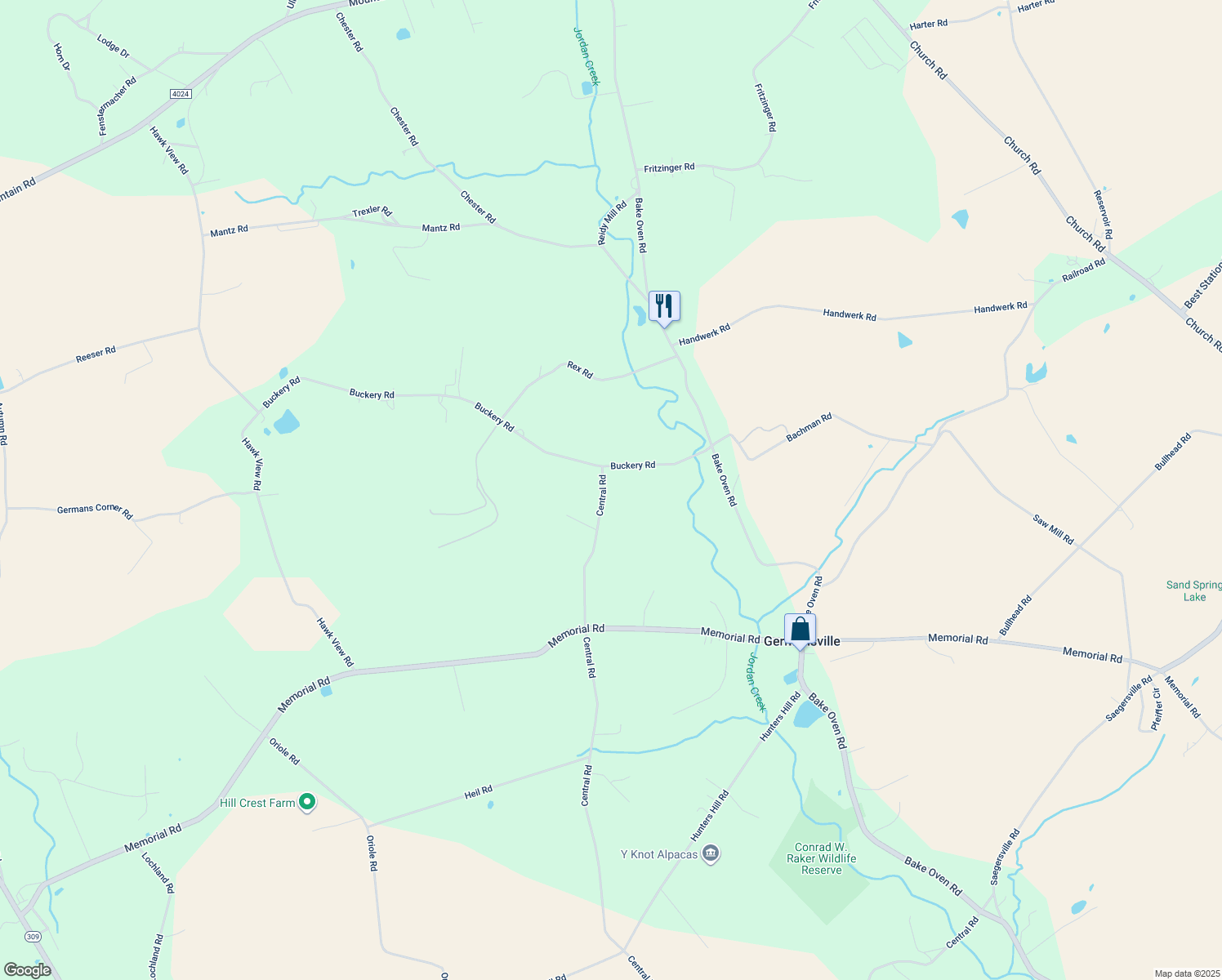 map of restaurants, bars, coffee shops, grocery stores, and more near 7511 Central Road in Germansville