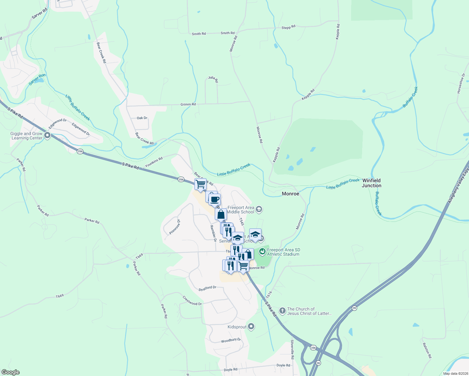map of restaurants, bars, coffee shops, grocery stores, and more near 301 Silverview Drive in Sarver
