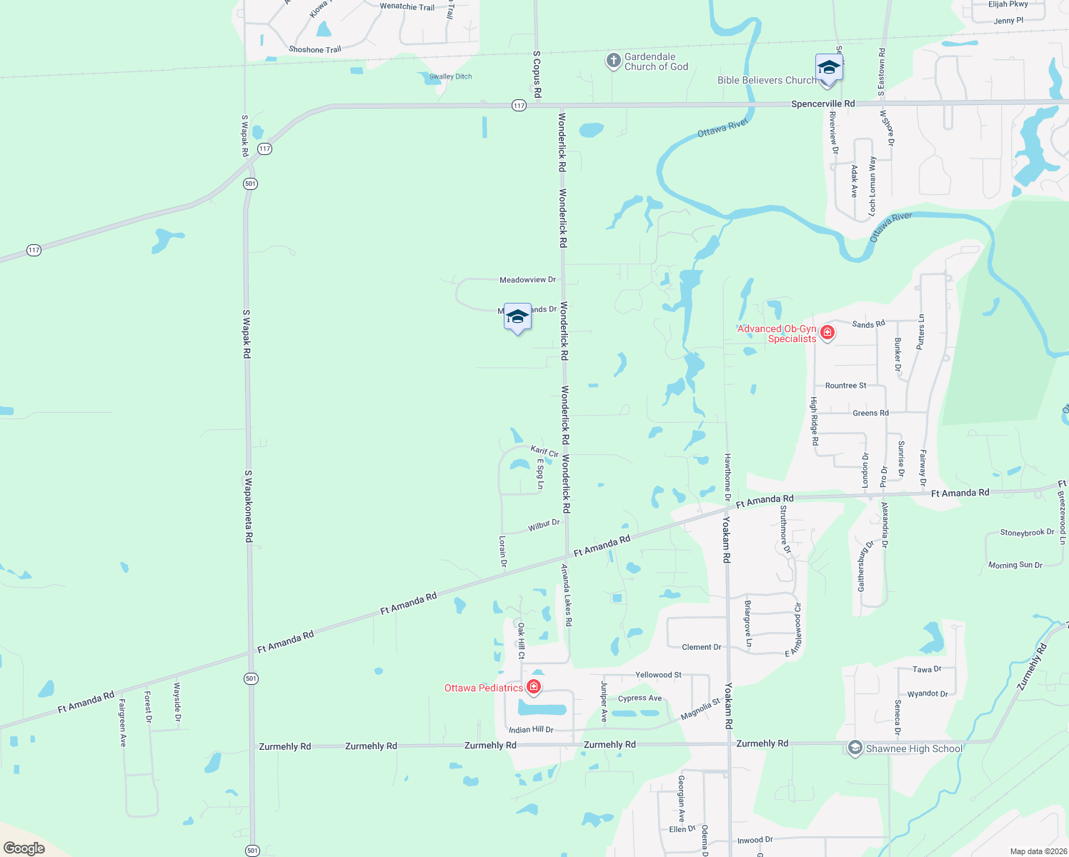map of restaurants, bars, coffee shops, grocery stores, and more near 1748 N Spring Ct in Lima