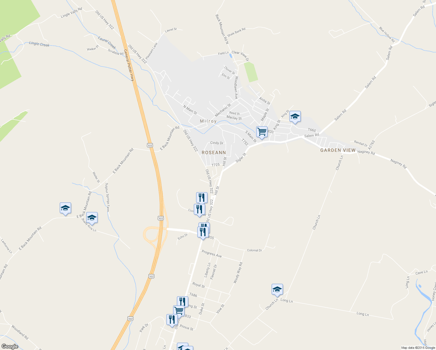 map of restaurants, bars, coffee shops, grocery stores, and more near 6 Acacia Court in Milroy