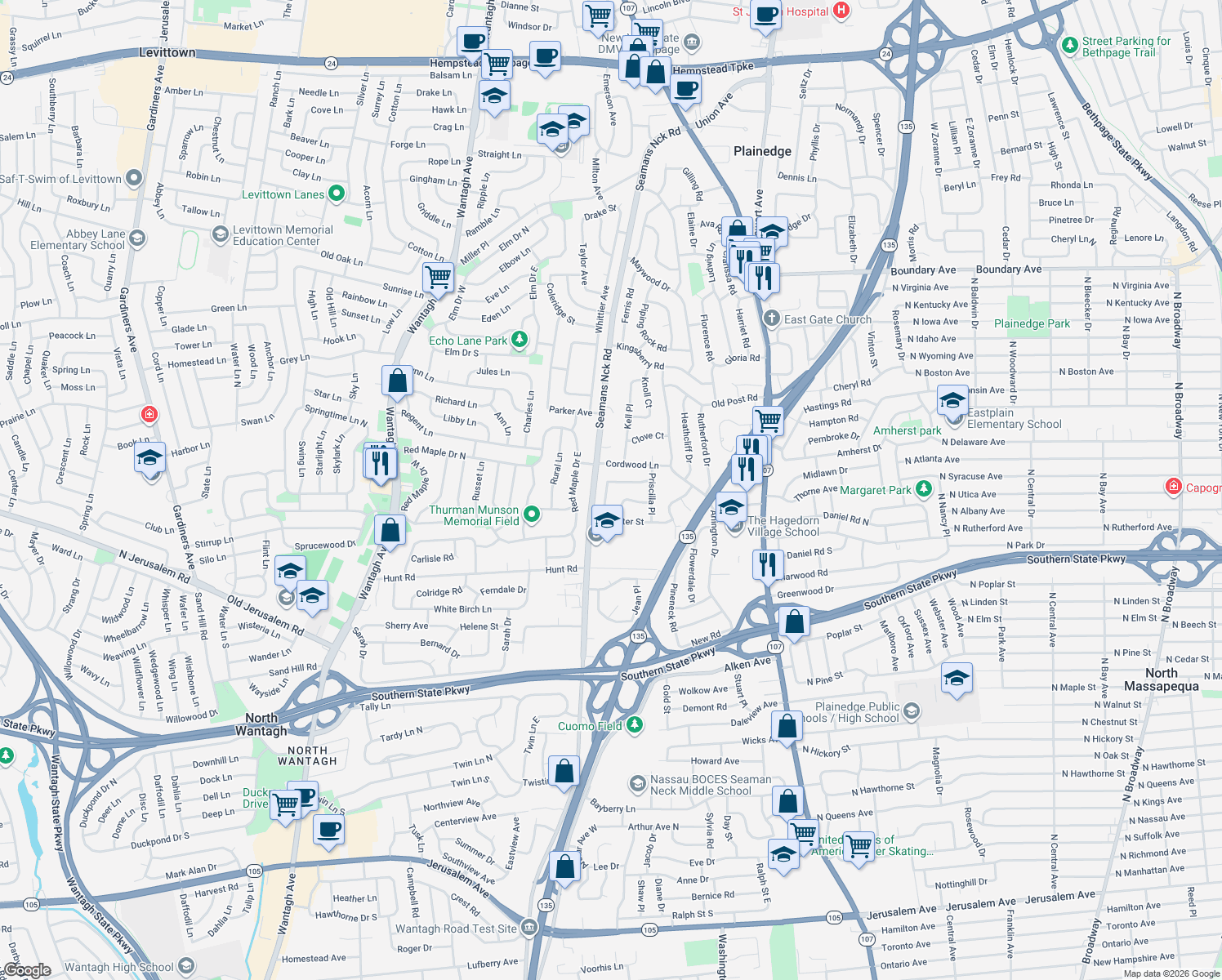 map of restaurants, bars, coffee shops, grocery stores, and more near 659 Dianne Street in Seaford