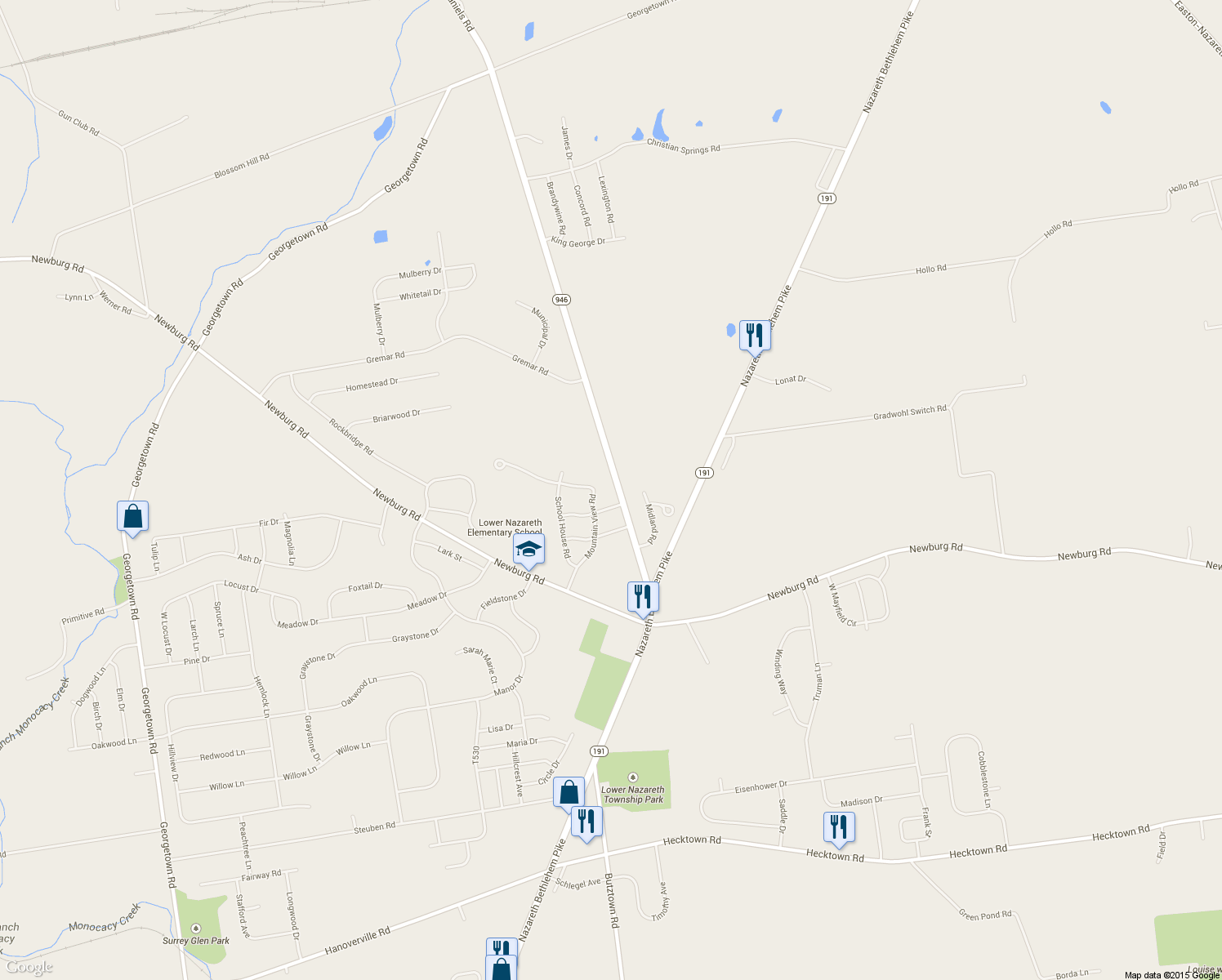 map of restaurants, bars, coffee shops, grocery stores, and more near 501 Daniels Road in Nazareth