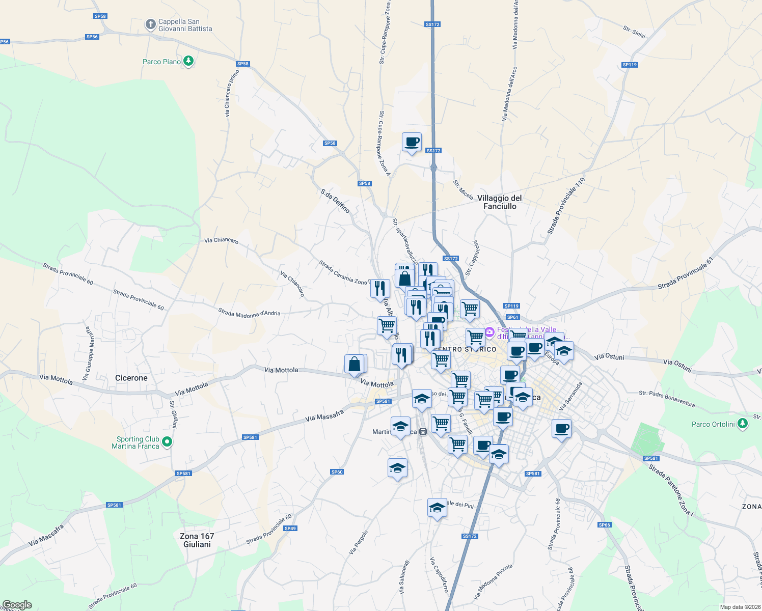 map of restaurants, bars, coffee shops, grocery stores, and more near 3 Via Alberobello in Provincia di Taranto