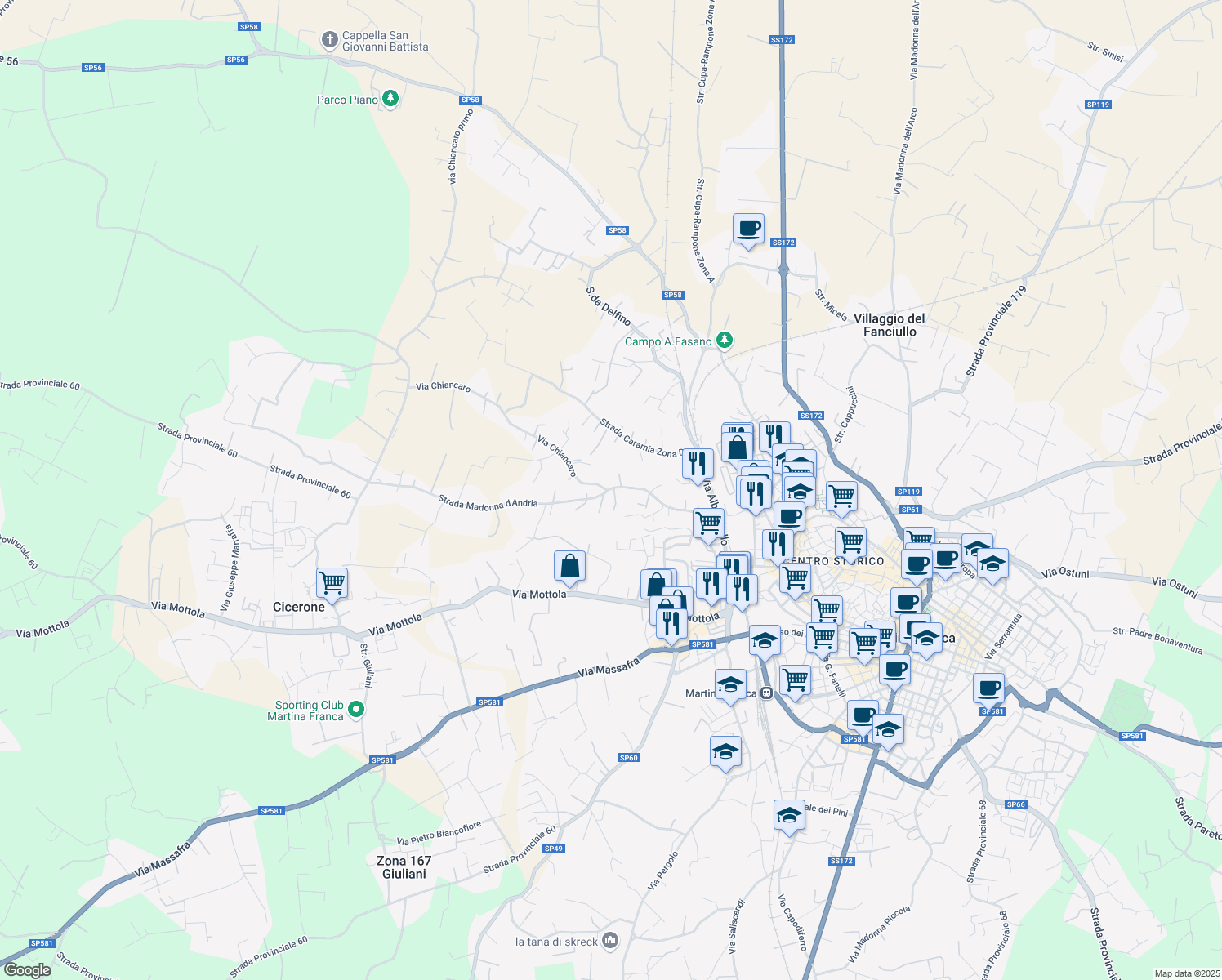 map of restaurants, bars, coffee shops, grocery stores, and more near 340e Via Chiancaro in Martina Franca