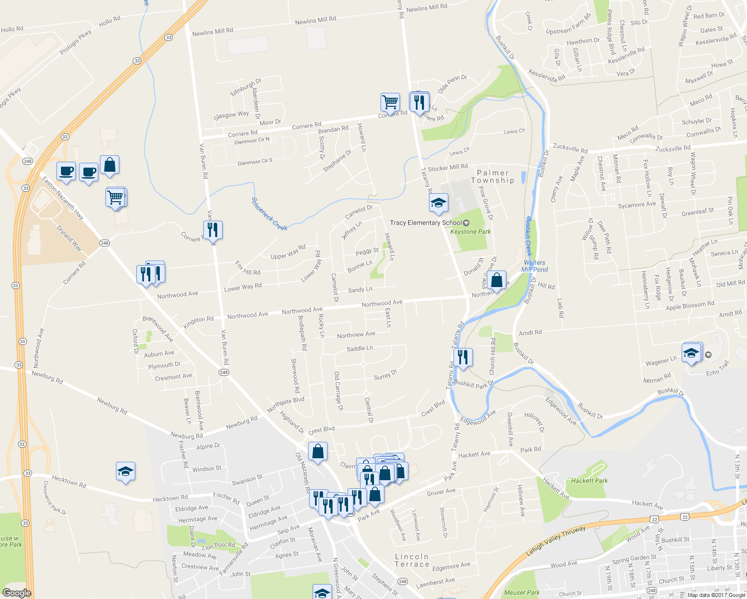 map of restaurants, bars, coffee shops, grocery stores, and more near 2513 Northwood Avenue in Easton
