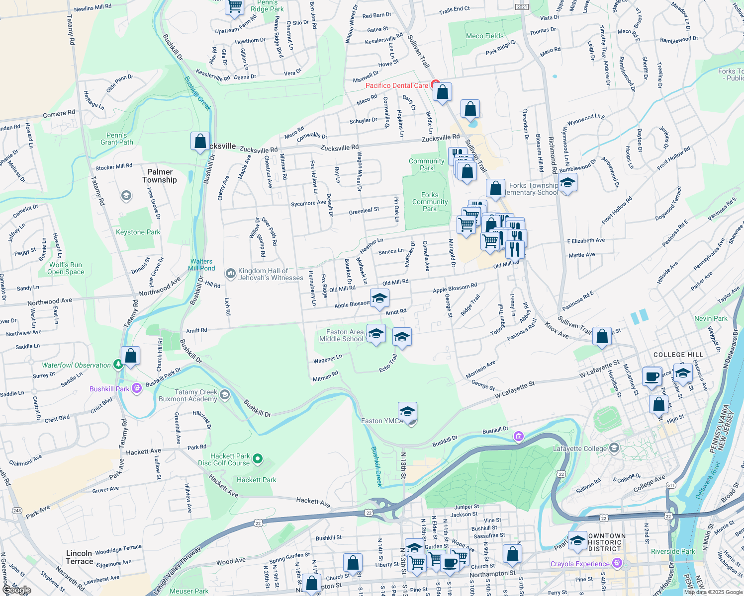 map of restaurants, bars, coffee shops, grocery stores, and more near 639 Apple Blossom Rd in Easton