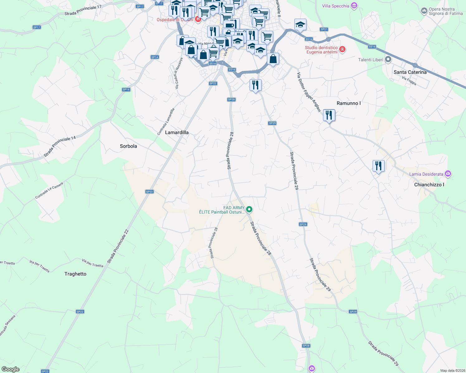 map of restaurants, bars, coffee shops, grocery stores, and more near KM 1 Strada Provinciale 28 in Provincia di Brindisi