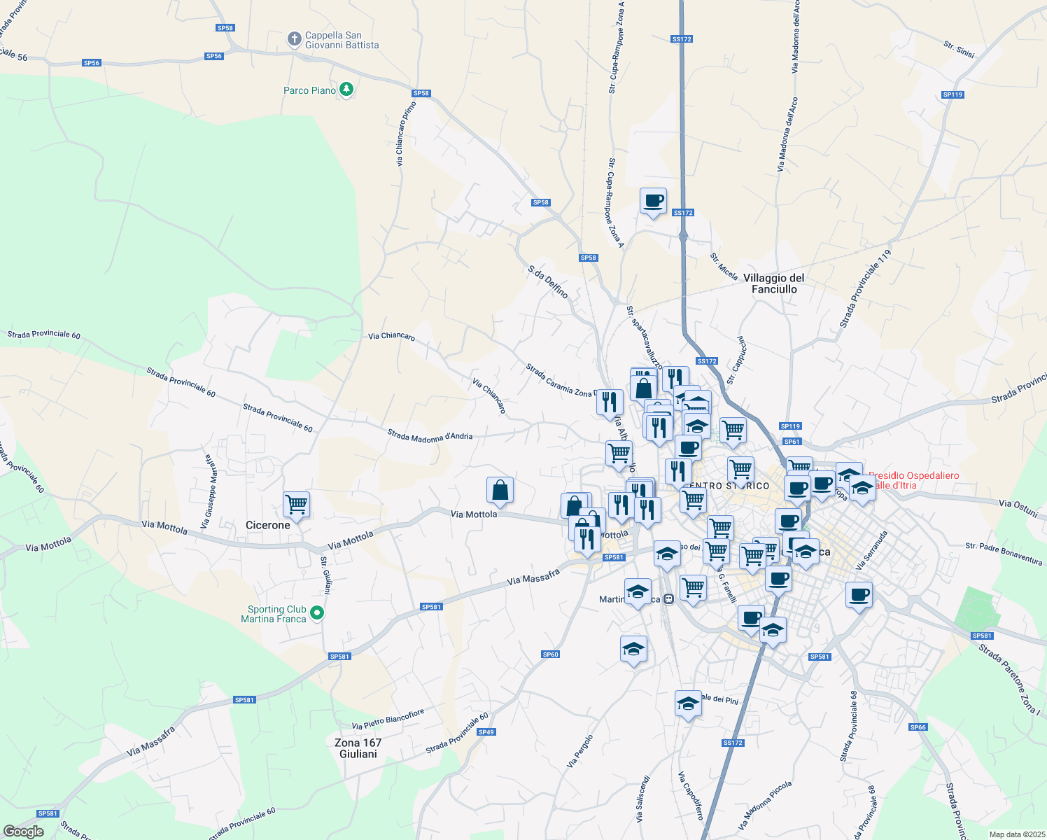 map of restaurants, bars, coffee shops, grocery stores, and more near 340e Via Chiancaro in Martina Franca