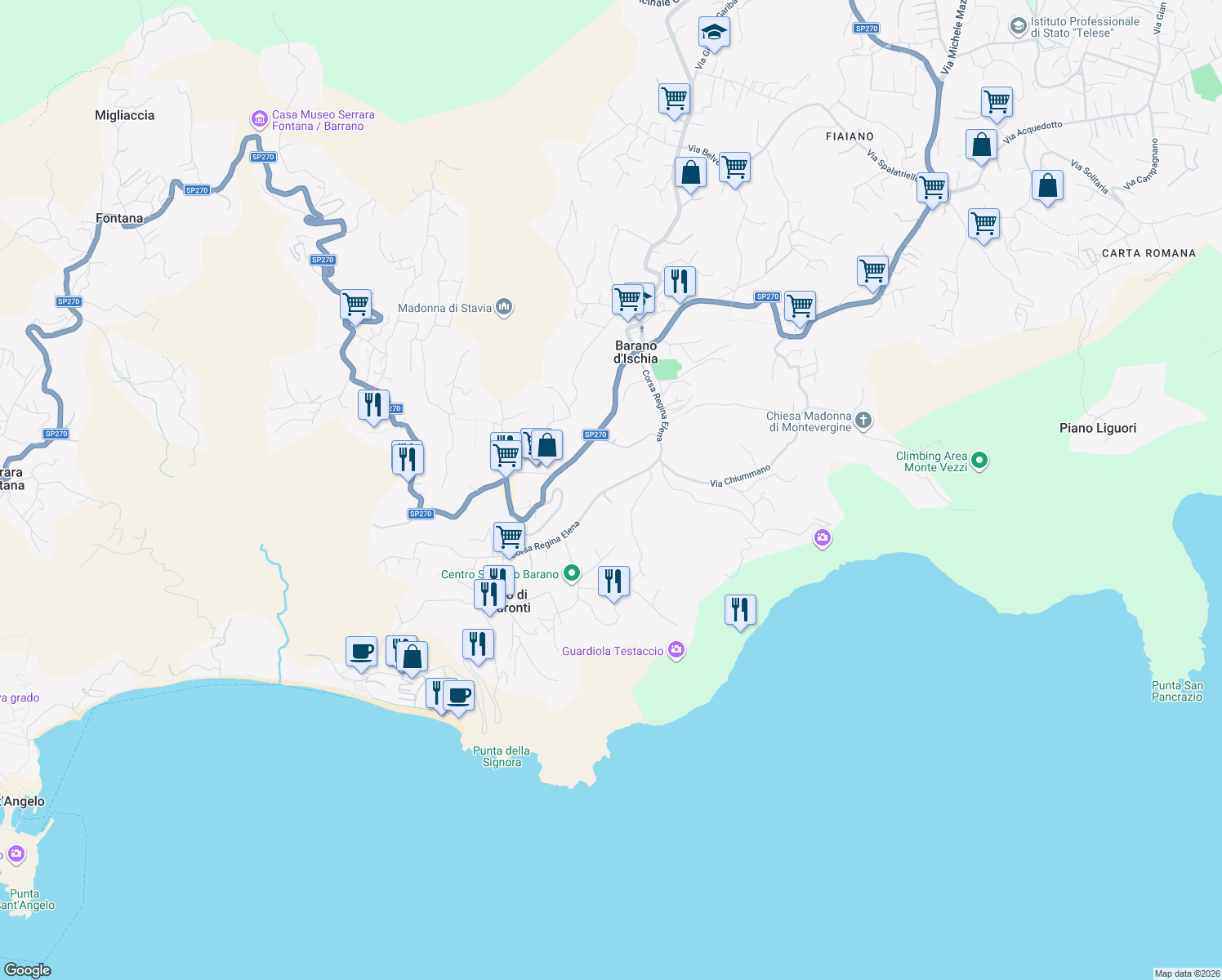 map of restaurants, bars, coffee shops, grocery stores, and more near 54 Corsa Regina Elena in Barano D'ischia