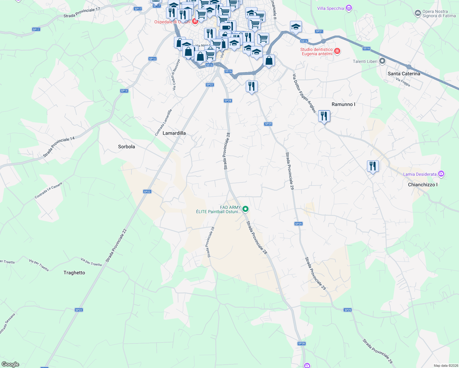 map of restaurants, bars, coffee shops, grocery stores, and more near KM 1 SP28 in Provincia di Brindisi