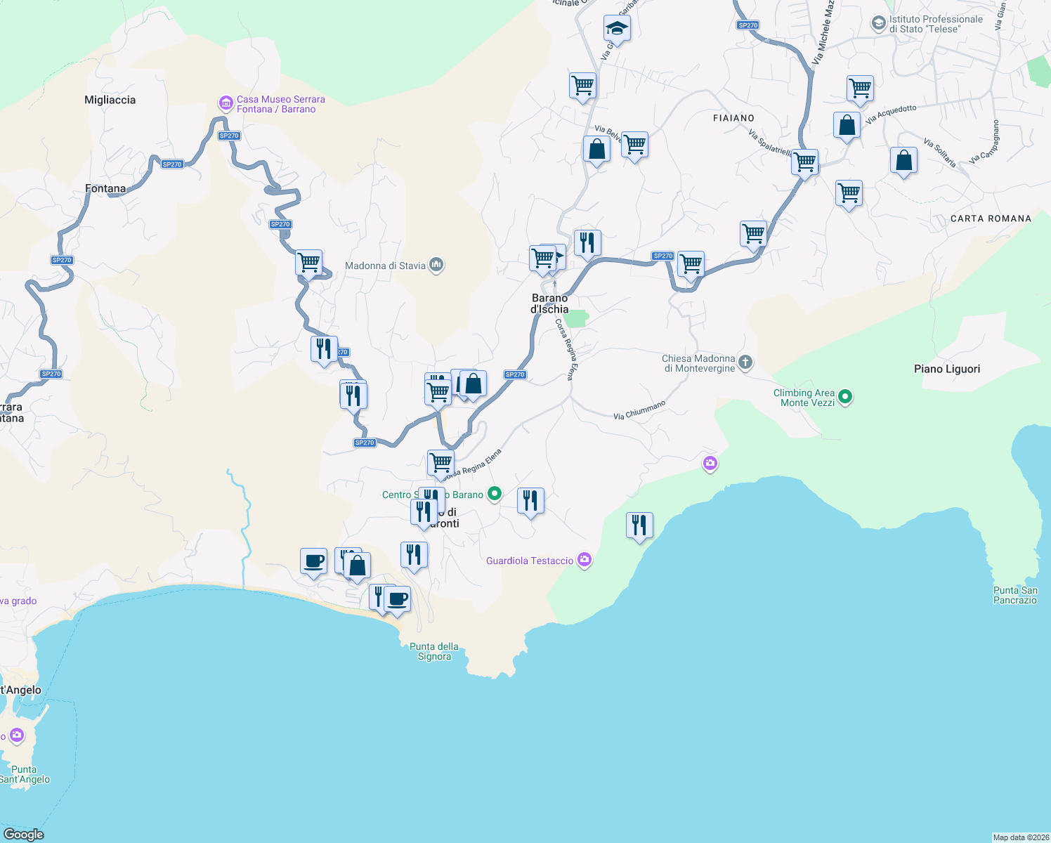 map of restaurants, bars, coffee shops, grocery stores, and more near 54 Corsa Regina Elena in Barano D'ischia