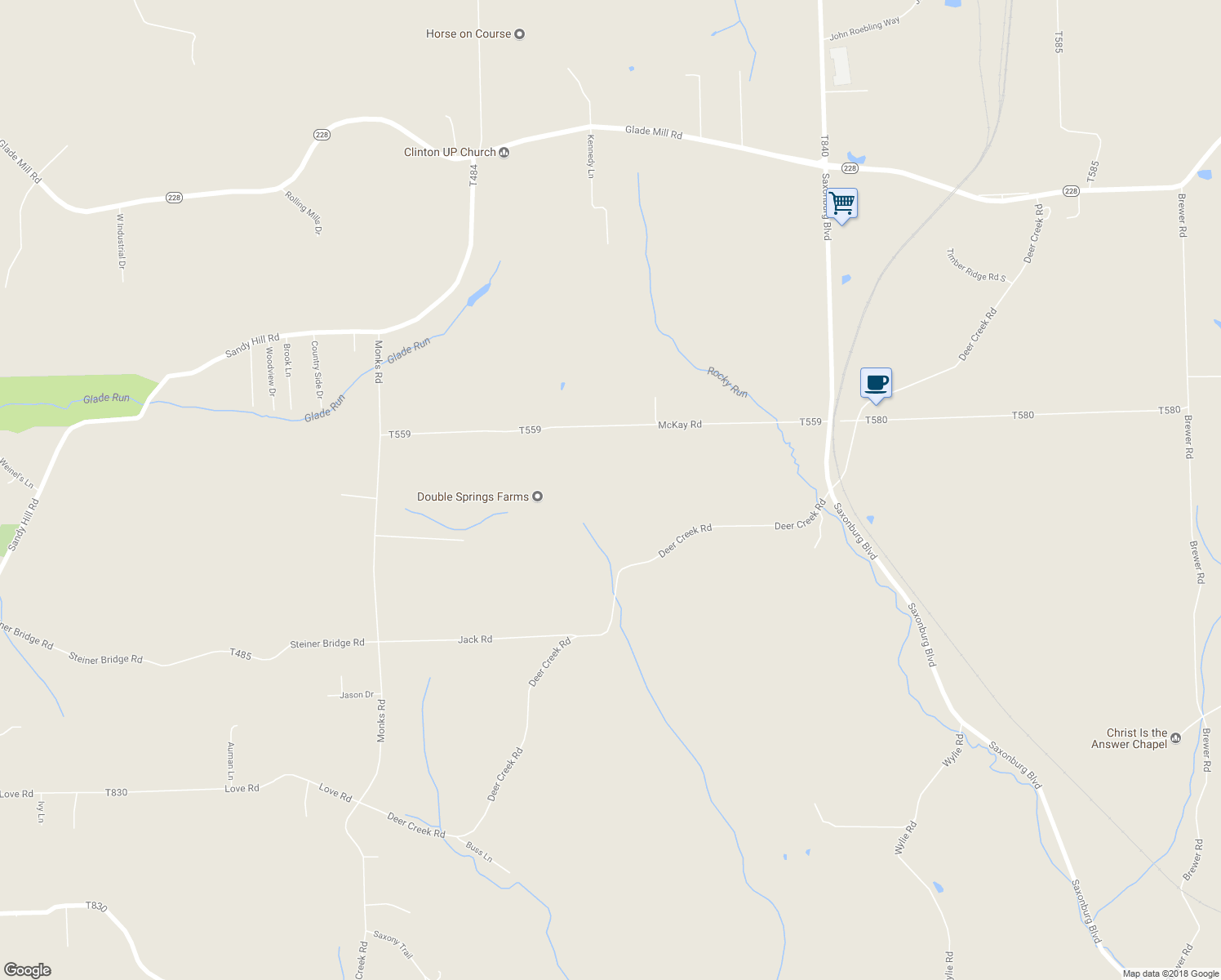 map of restaurants, bars, coffee shops, grocery stores, and more near 166 McKay Road in Saxonburg