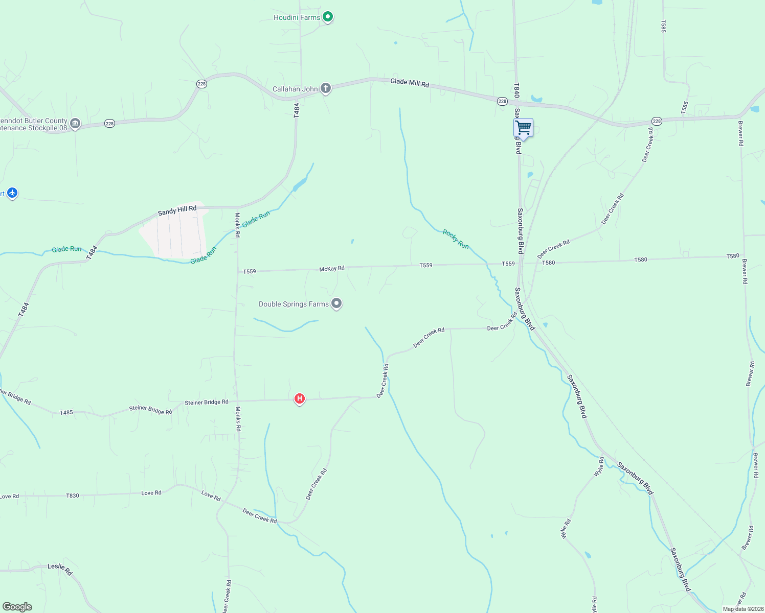 map of restaurants, bars, coffee shops, grocery stores, and more near 166 McKay Road in Saxonburg