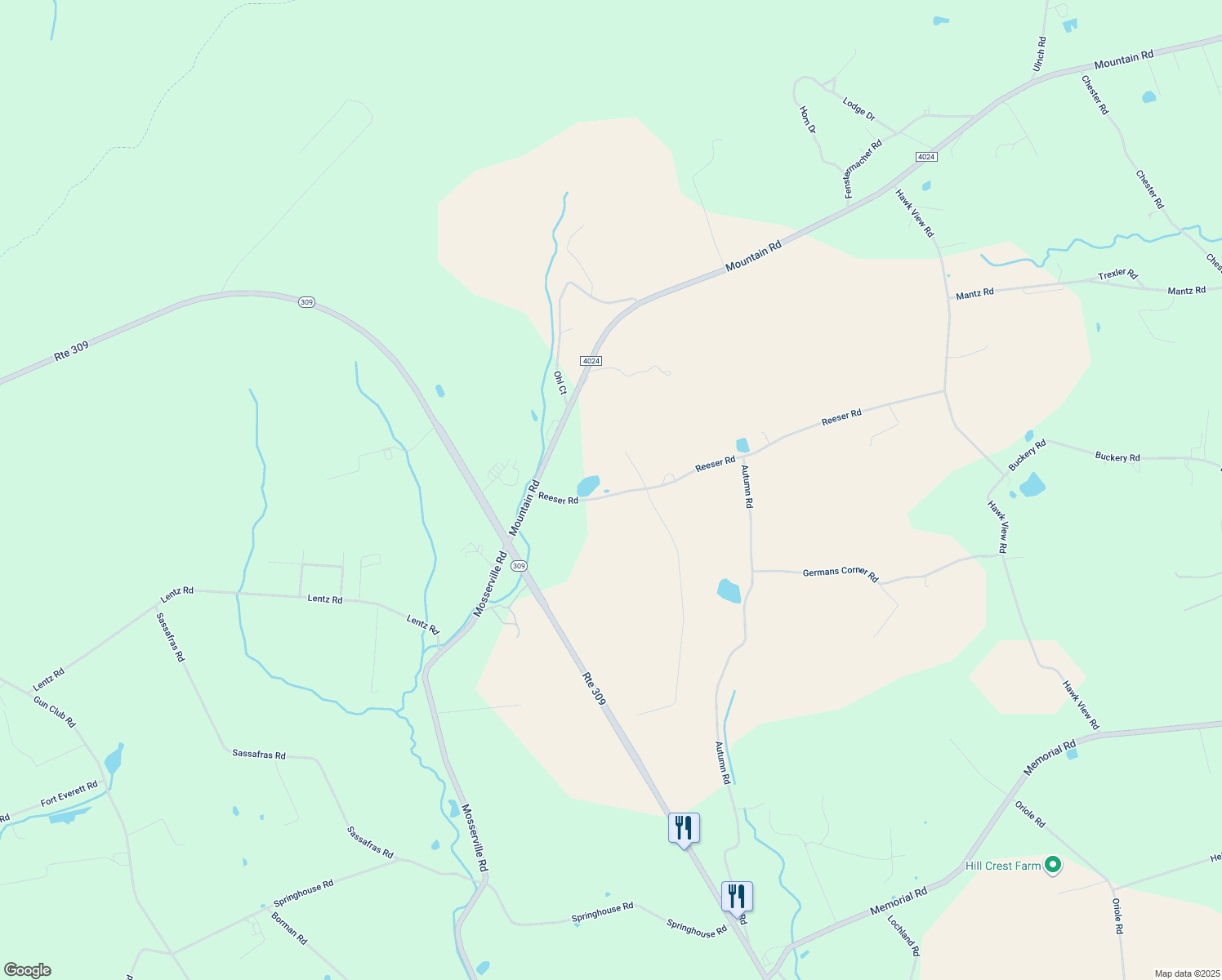map of restaurants, bars, coffee shops, grocery stores, and more near 6663 Reeser Road in New Tripoli