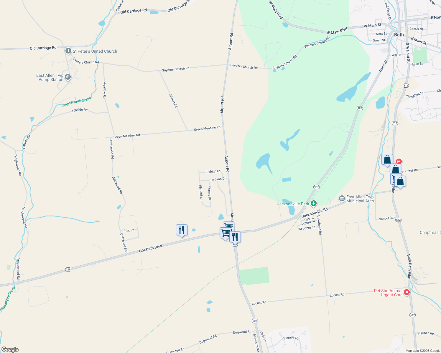 map of restaurants, bars, coffee shops, grocery stores, and more near 5945 Portland Dr in Bath