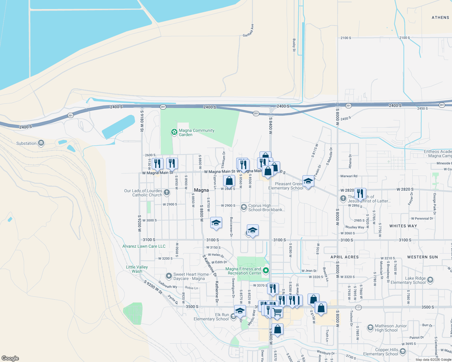 map of restaurants, bars, coffee shops, grocery stores, and more near 2755 South 8650 West in Magna