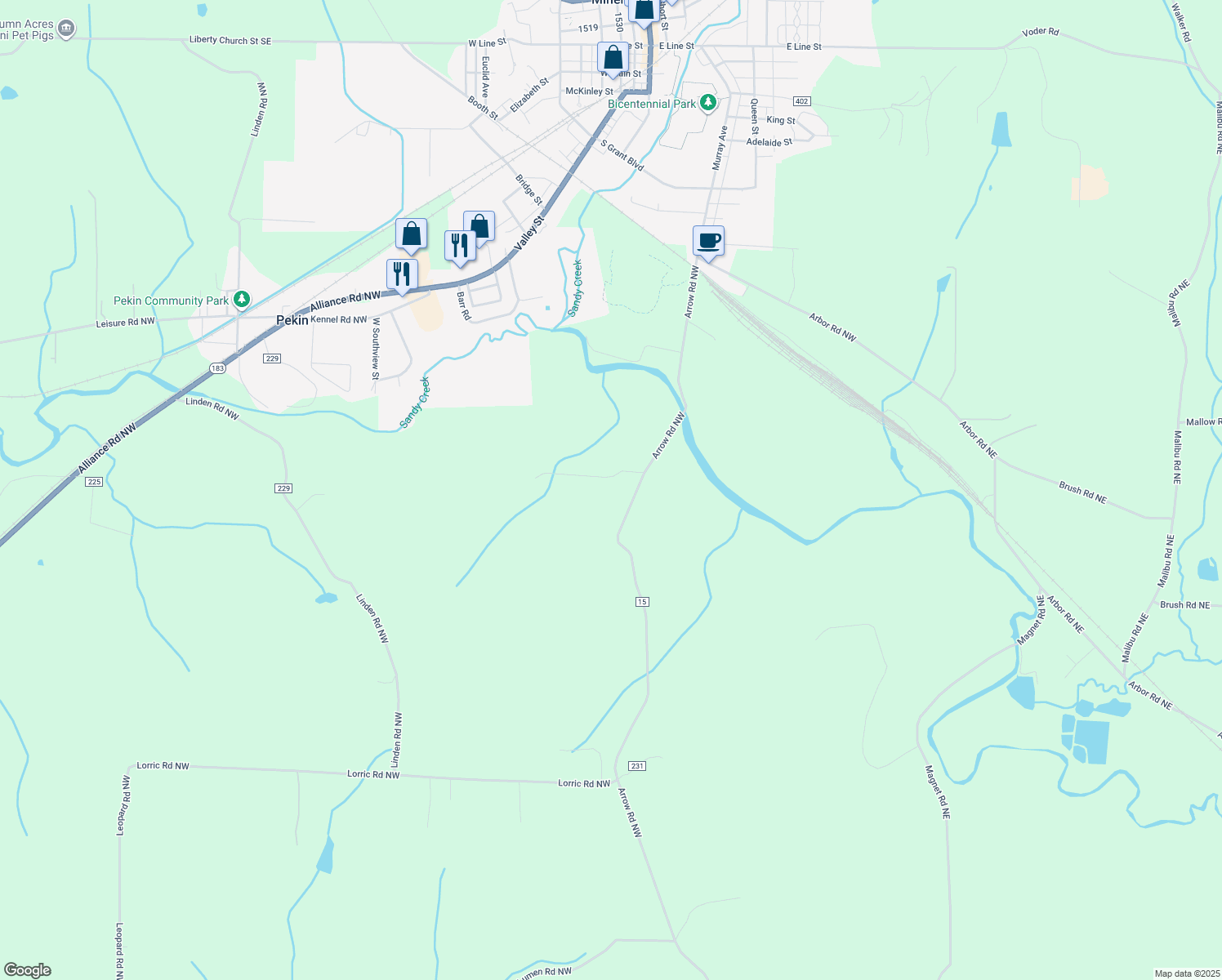 map of restaurants, bars, coffee shops, grocery stores, and more near 9093 Arrow Road Northwest in Minerva