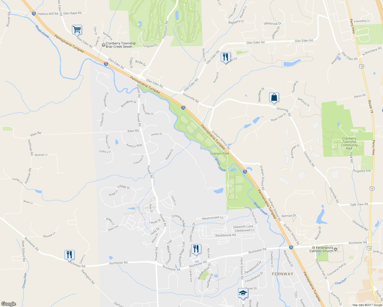 map of restaurants, bars, coffee shops, grocery stores, and more near 155 Hunter Drive in Cranberry Township