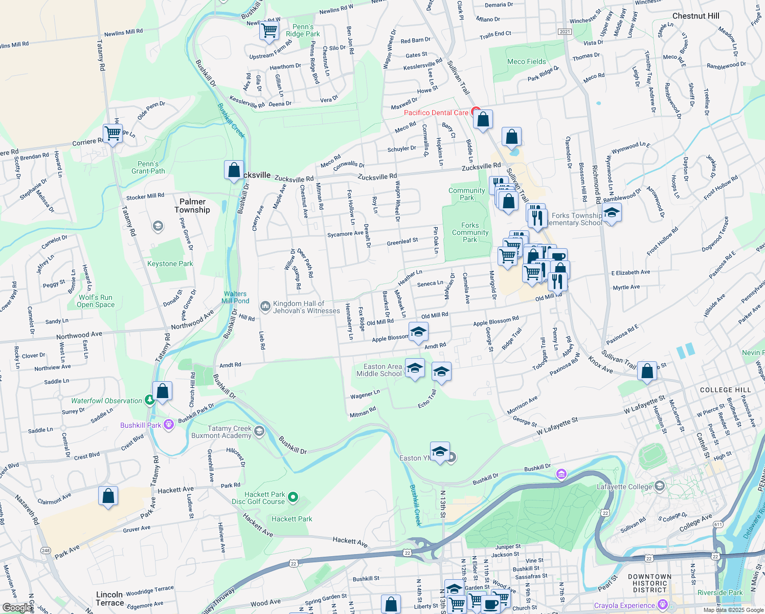 map of restaurants, bars, coffee shops, grocery stores, and more near 1312 Baurkot Drive in Easton