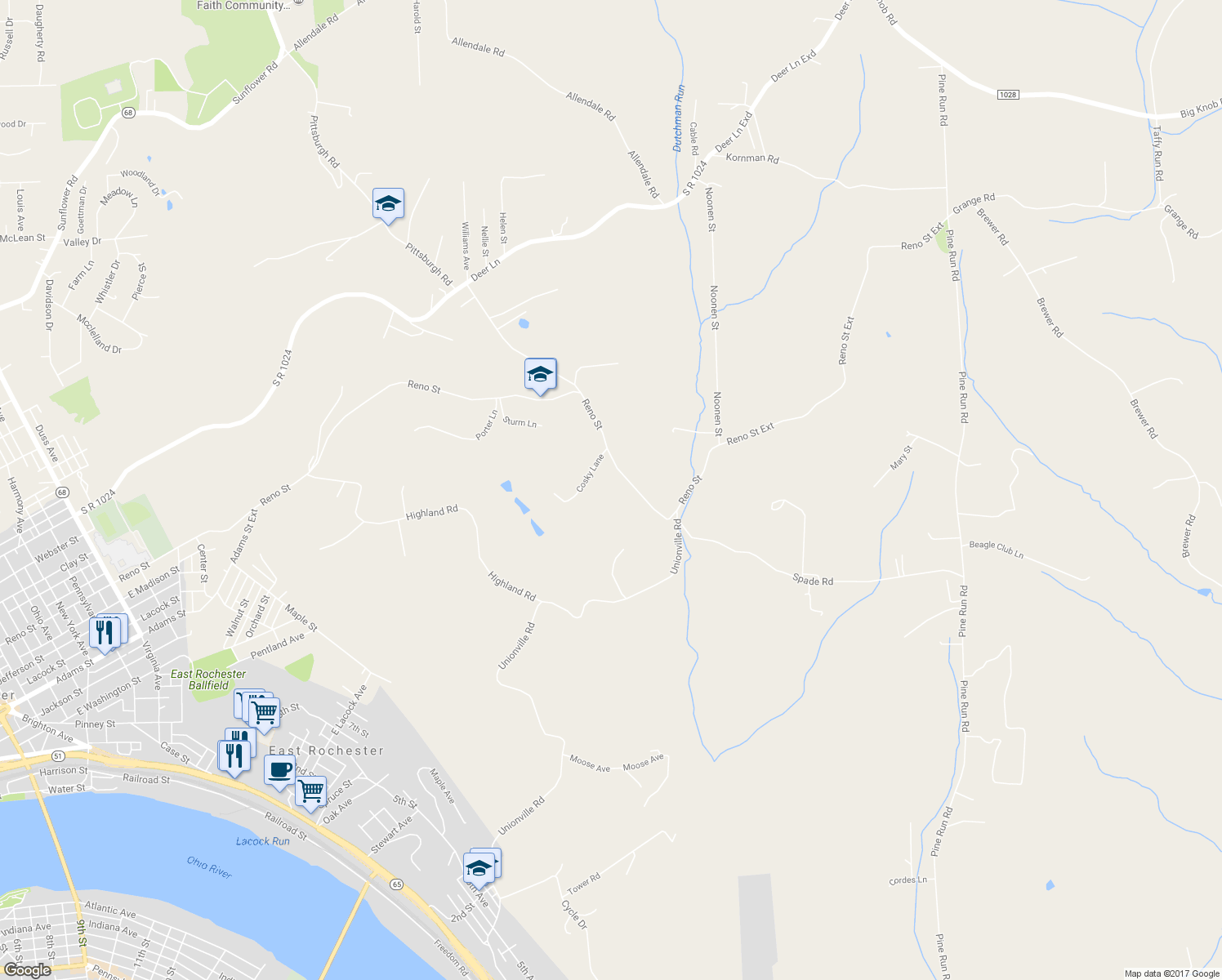 map of restaurants, bars, coffee shops, grocery stores, and more near 952 Reno Street in Rochester