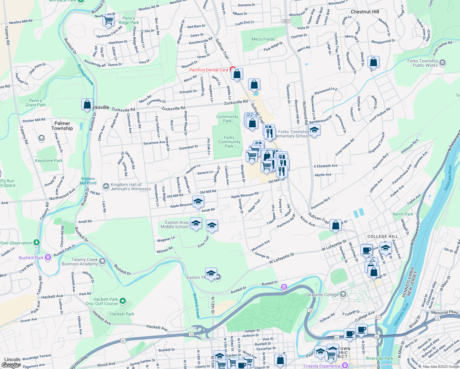 map of restaurants, bars, coffee shops, grocery stores, and more near 1407 Camelia Avenue in Easton