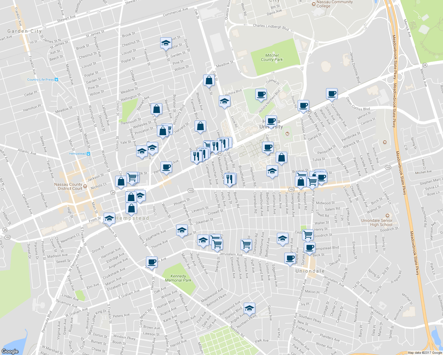 map of restaurants, bars, coffee shops, grocery stores, and more near 93 Meadowbrook Road in Hempstead