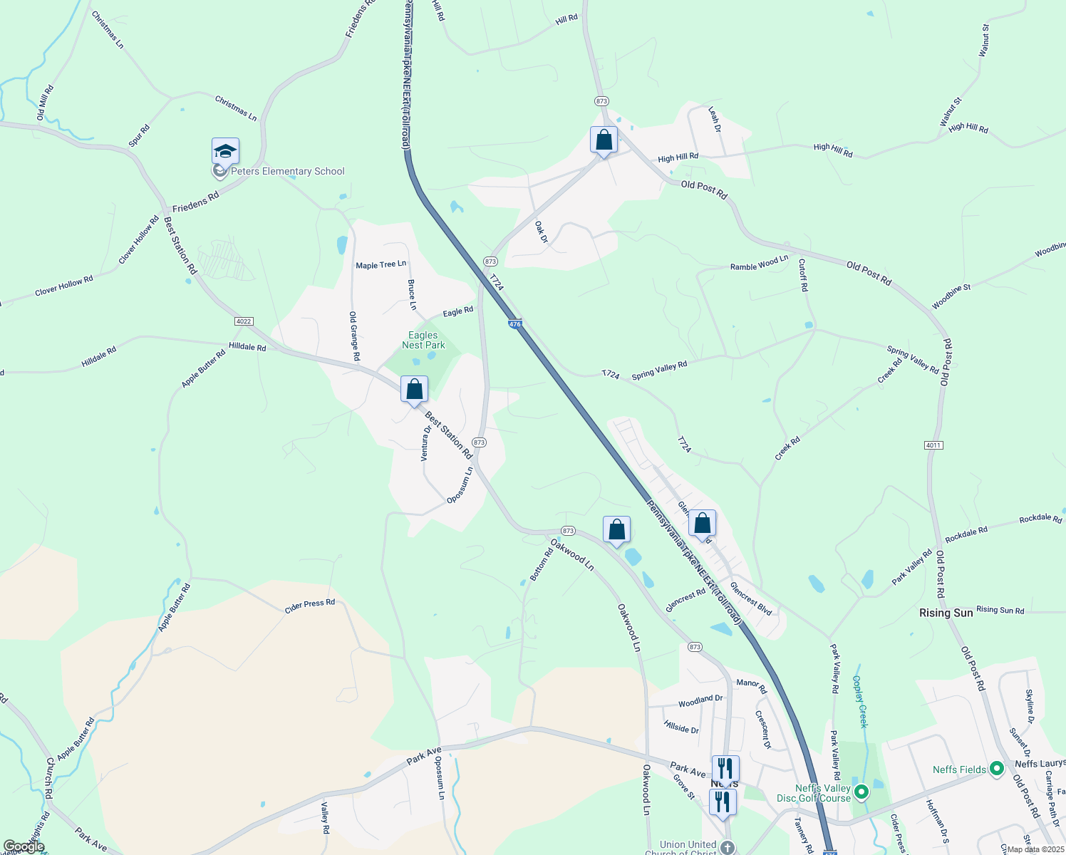 map of restaurants, bars, coffee shops, grocery stores, and more near 6411 Woodbury Drive in Slatington