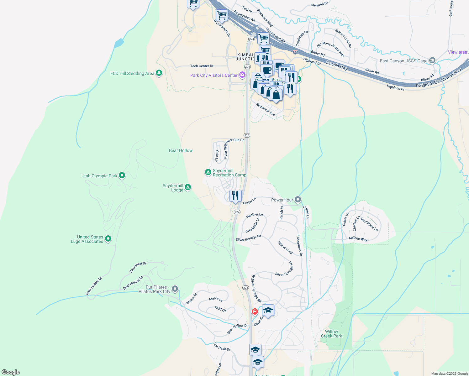 map of restaurants, bars, coffee shops, grocery stores, and more near 5462 Bobsled Boulevard in Park City