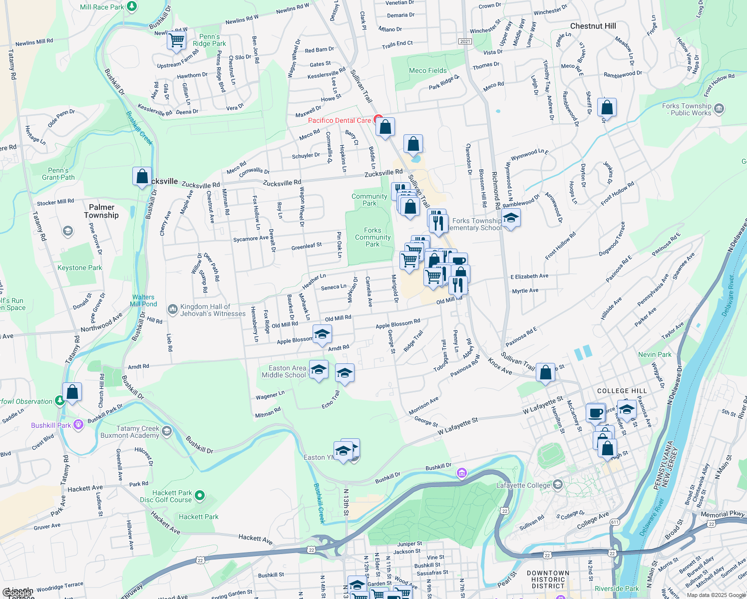 map of restaurants, bars, coffee shops, grocery stores, and more near 517 Clover Court in Easton