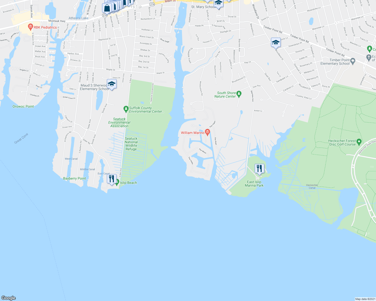 map of restaurants, bars, coffee shops, grocery stores, and more near 3 The Moor in East Islip