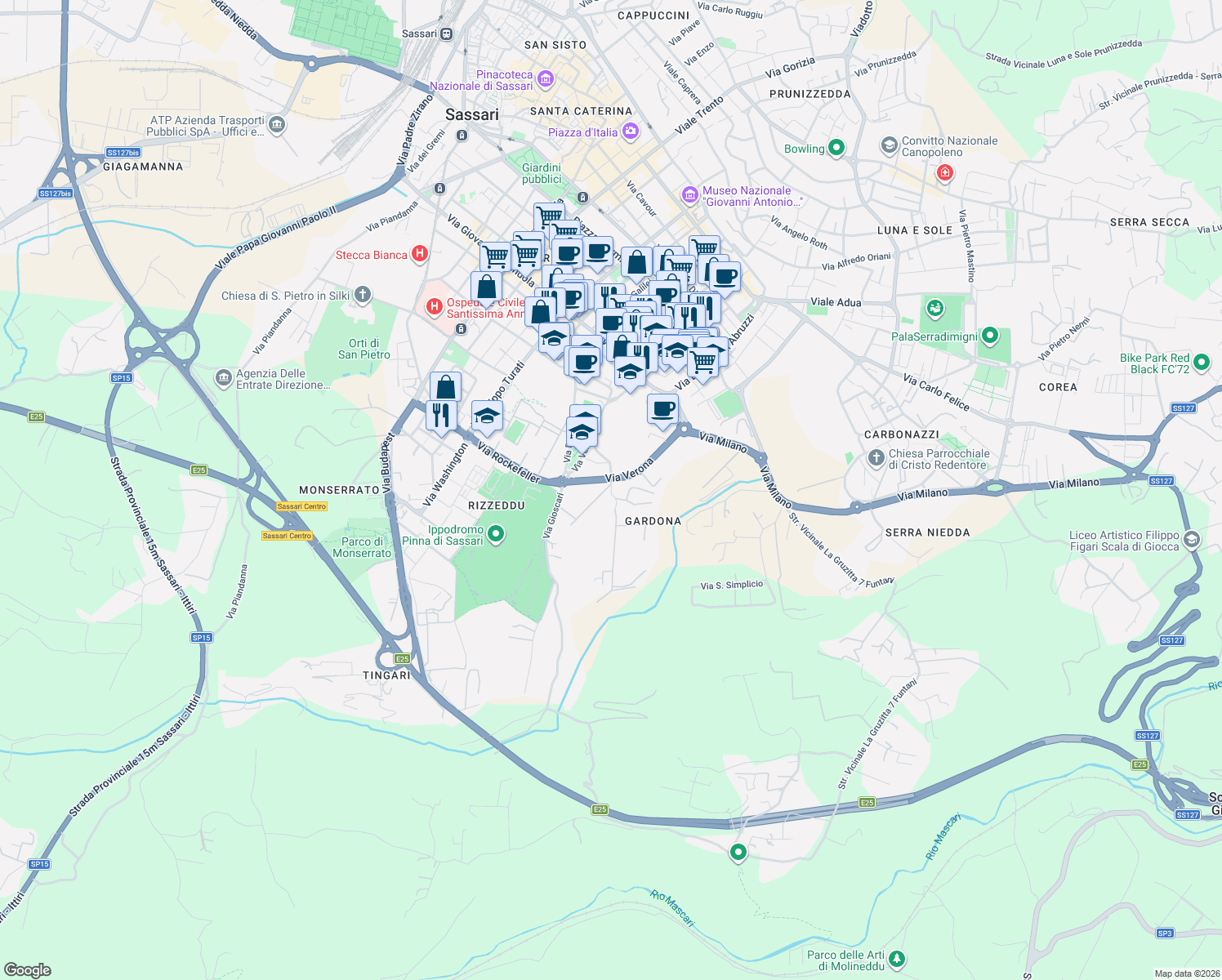 map of restaurants, bars, coffee shops, grocery stores, and more near Via Verona in Sassari