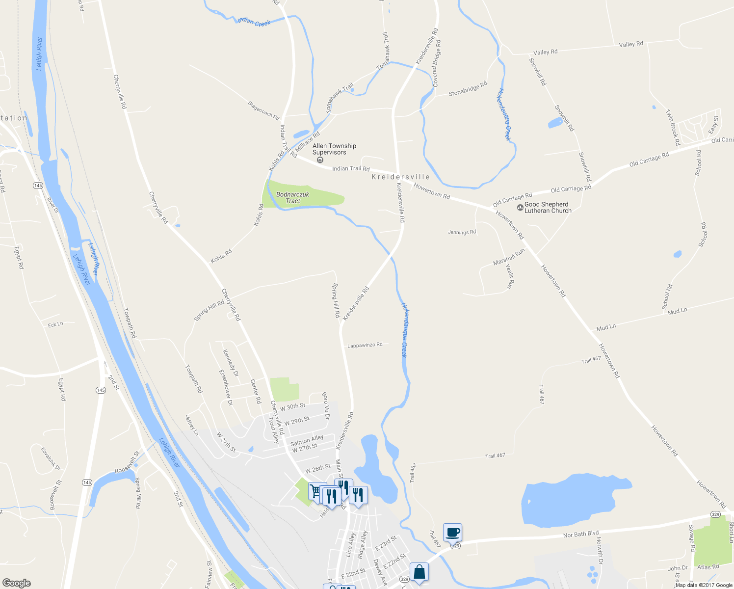 map of restaurants, bars, coffee shops, grocery stores, and more near 3324 Kreidersville Road in Northampton