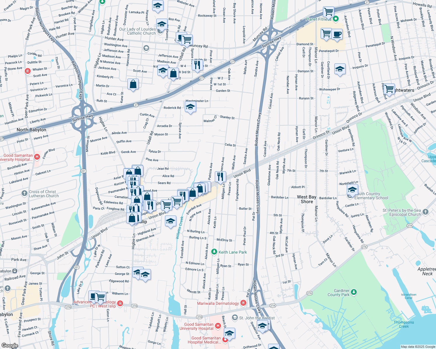 map of restaurants, bars, coffee shops, grocery stores, and more near 1210 Minerva Ave in West Islip